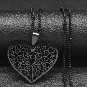 Pendentif arbre de vie creux en forme de coeur noir