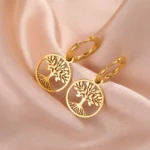 Boucle D’oreille Pendentif Arbre De Vie Rond En Or