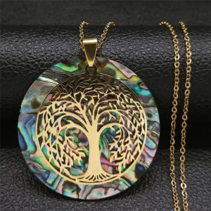 Pendentif arbre de vie or avec coquillage d’ormeau