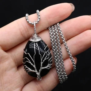 Pendentif Arbre De Vie Agate Noir En Argent Avec Chaîne