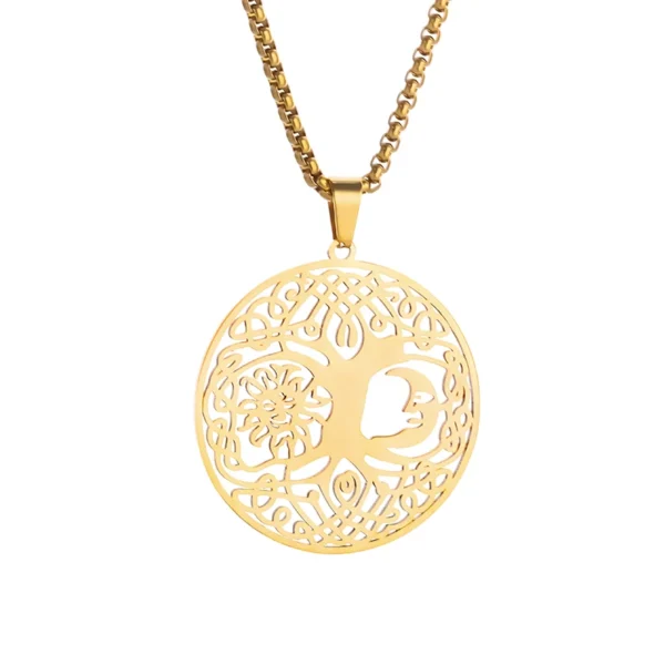 Pendentif arbre de vie creux soleil et lune en or