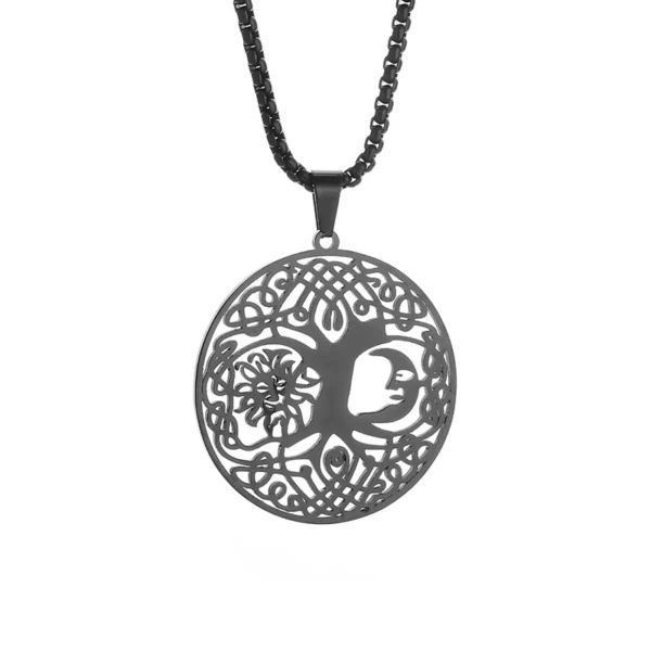 Pendentif arbre de vie creux soleil et lune noir